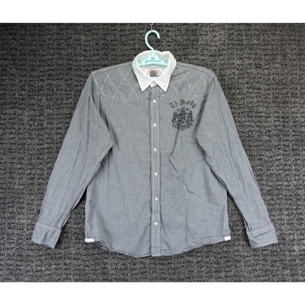 Ed Hardy Shirt Mens Large Gray Cotton Long Sleeve Graphic Print City Streetwear